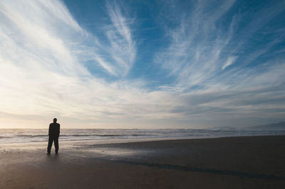 Rear view of man on beach against sky