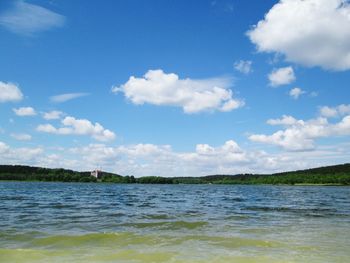 Scenic view of calm sea against cloudy sky