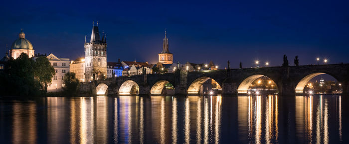 Reflection of illuminated building in water at night