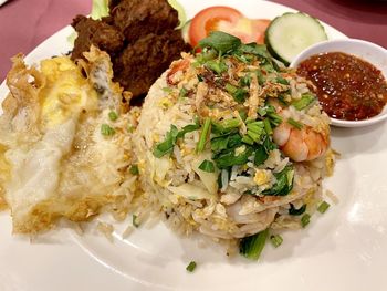 High angle view of food served in plate