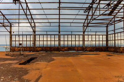 Low angle view of abandoned factory against sky