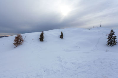 Scenic view of snow covered field against sky