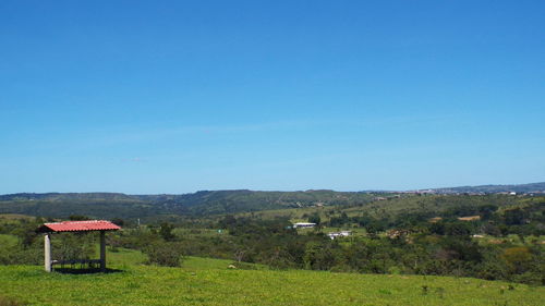 Scenic view of field against clear blue sky