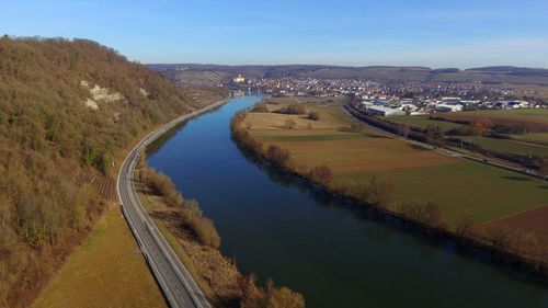 High angle view of river amidst landscape against sky