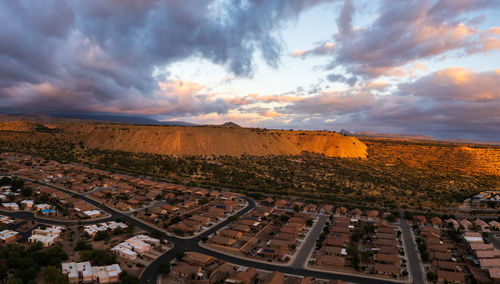 High angle view of townscape against sky during sunset