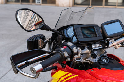 Rescue motorcycle steering wheel with instruments and navigation attached to it 