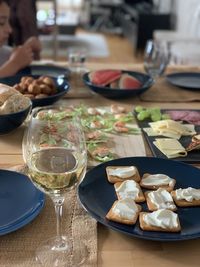 High angle view of food on table - wine and tapas