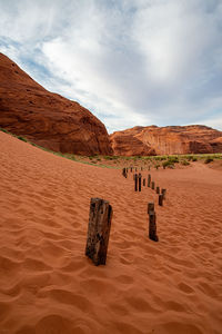 Scenic view of desert against cloudy sky