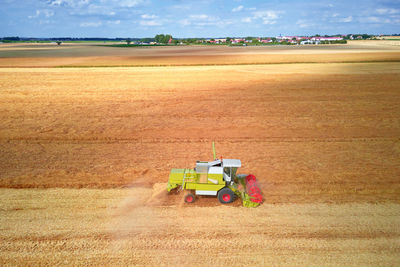 Aerial view of working harvesting combine in wheat field, harvest season