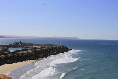 Scenic view of sea against clear blue sky