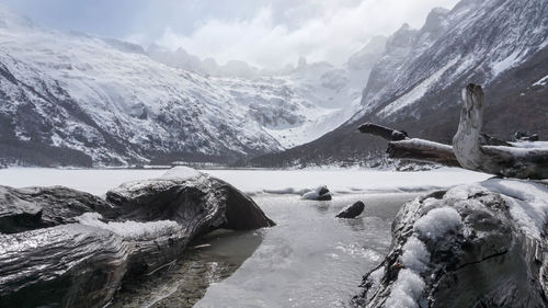 Scenic view of snowcapped mountains against sky