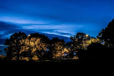 Low angle view of silhouette trees against blue sky