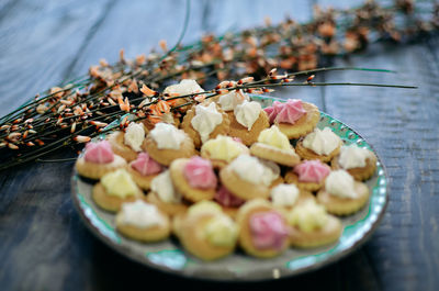 High angle view of dessert in plate on table