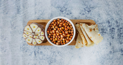 High angle view of fruits in bowl on table