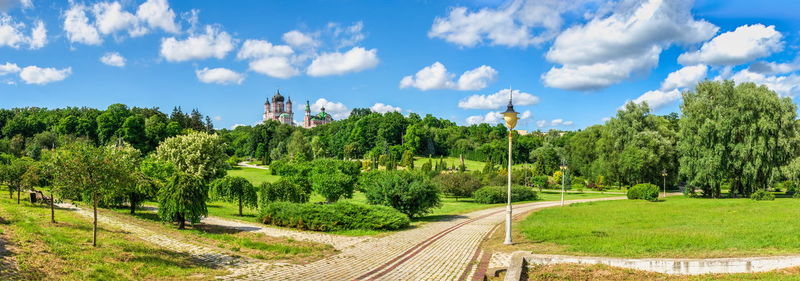  feofaniia park and the cathedral of st. panteleimon in kyiv, ukraine, on a sunny summer day