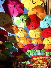 Low angle view of umbrellas hanging in row