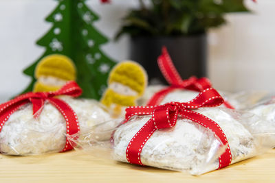 Close-up of christmas decorations on table