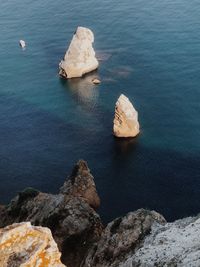 High angle view of rocks on sea shore