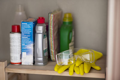 House cleaning agents and protective gloves and eyeglasses