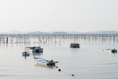 Boats moored at harbor against clear sky