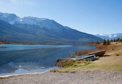 Scenic view of lake by mountains against sky