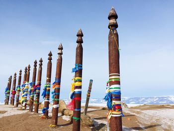 Landscape with the image ritual shaman pillars on olkhon island