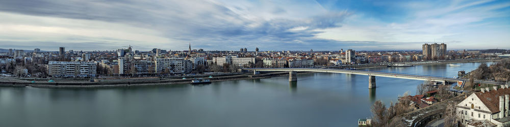 Panoramic view of bridge and buildings against sky