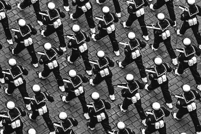 High angle view of chairs in row