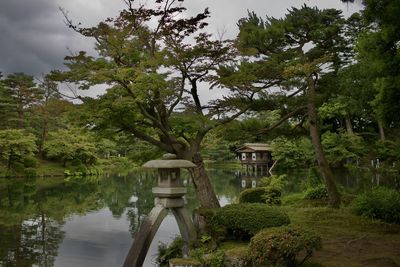 Scenic view of lake and trees by building