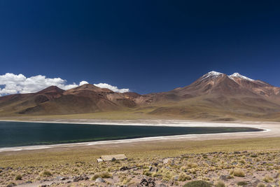 Scenic view of lake and mountains against blue sky