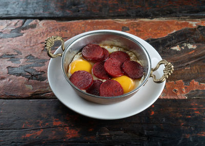 High angle view of breakfast in bowl on table
