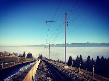 Railway tracks on landscape against clear blue sky