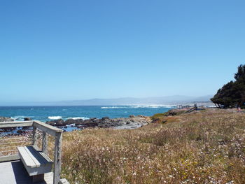 Scenic view of sea against clear blue sky