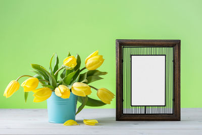 Yellow flowers in vase against wall