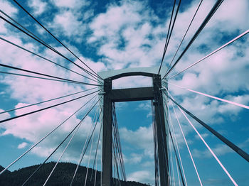 Low angle view of suspension bridge against sky