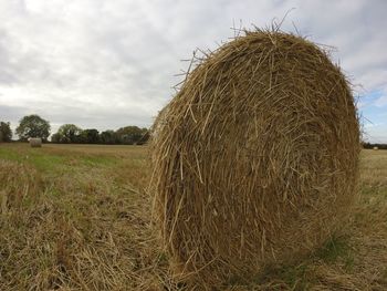 Hay bales on field against sky