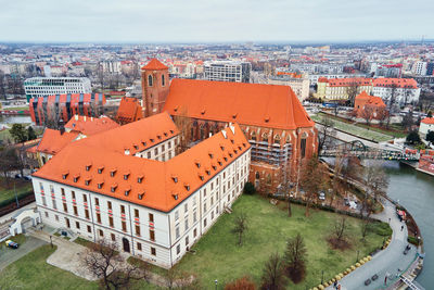 High angle view of buildings in city