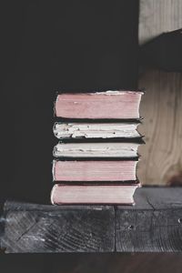 Close-up of stack on table