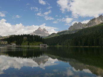 Scenic view of lake and mountains against sky