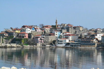 Buildings in town against clear blue sky