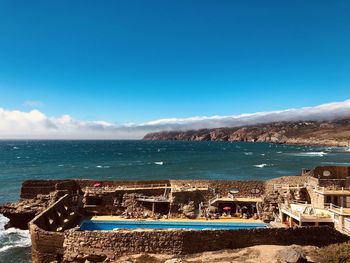 Scenic view of sea against blue sky