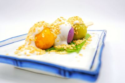 Close-up of dessert served on table