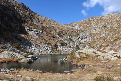 Scenic view of lake and mountains against sky