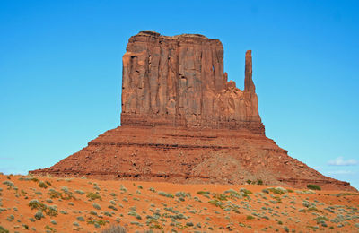 Low angle view of rock formations against blue sky