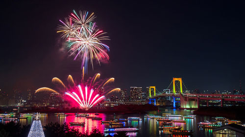 Firework display over river against sky at night