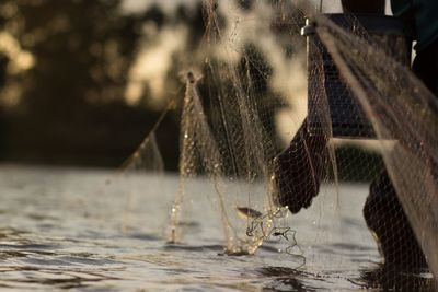 Cropped image of fisherman removing fish from net in river