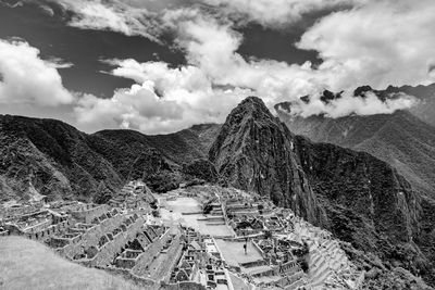 High angle view of old ruins against sky in machu picchu