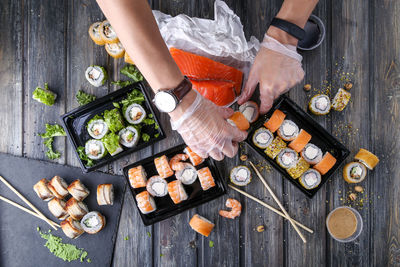 High angle view of person preparing food
