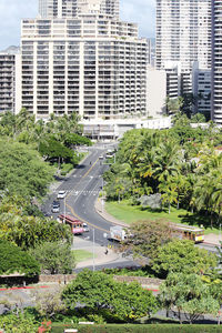 High angle view of road and palm trees amidst buildings in city