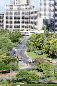 High angle view of road amidst buildings in city